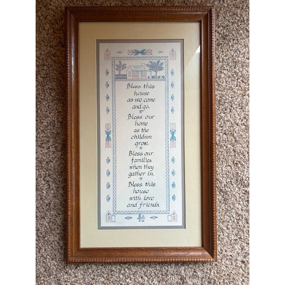 Vintage CHARLES F HUMPHREY Bless This House Calligraphy Print, Faux cross stitch